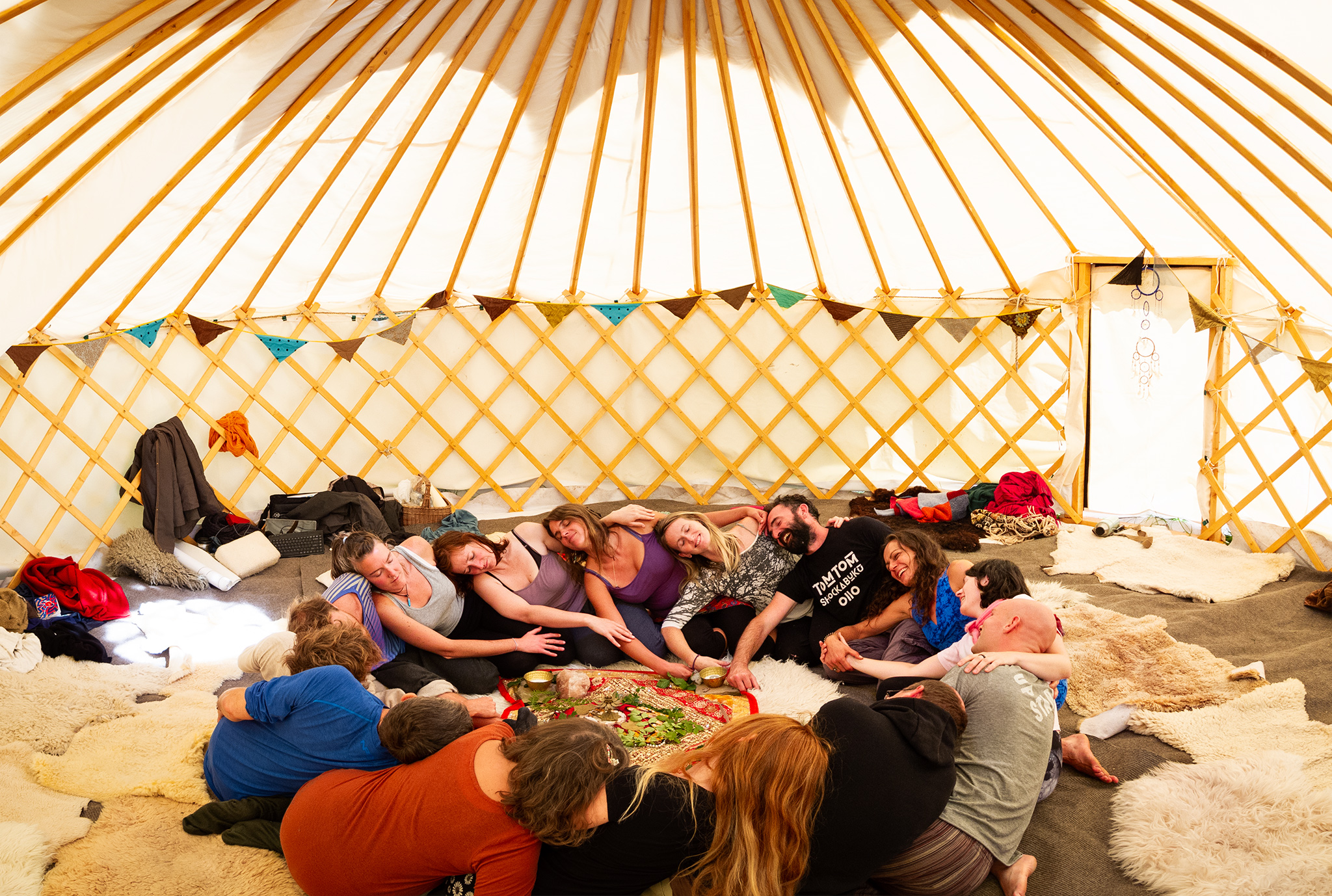 Yurt lit from inside at dusk